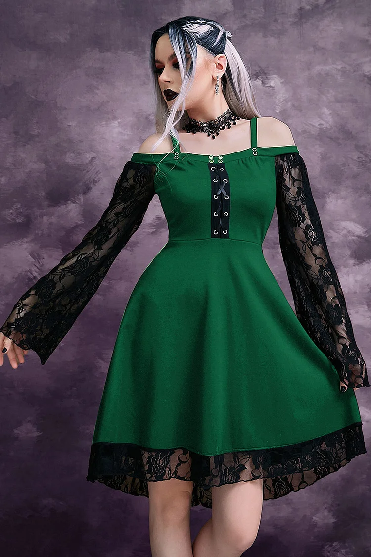Gothic Black Party Patchwork Lace Off The Shoulder Long Sleeve Lace Up Mini Dress
