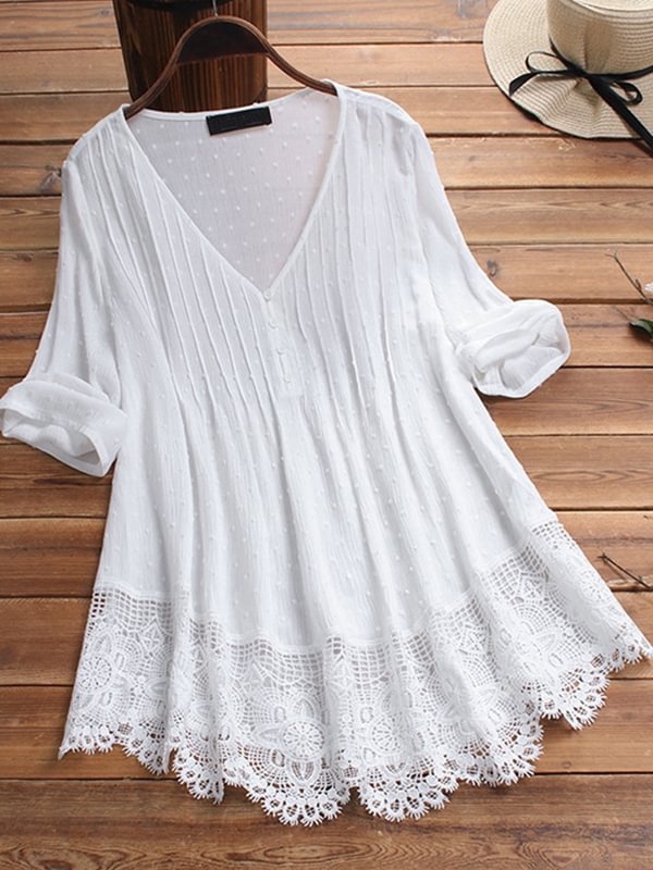 Cotton Blend V-Neck Hollow Shirt