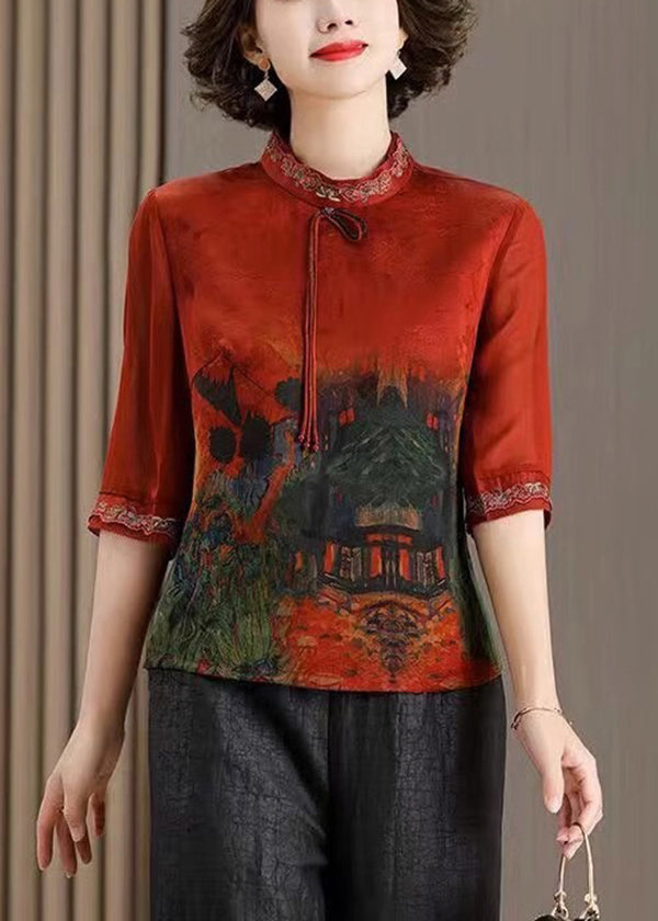 Women Red Stand Collar Button Print Patchwork Silk Blouse Top Summer