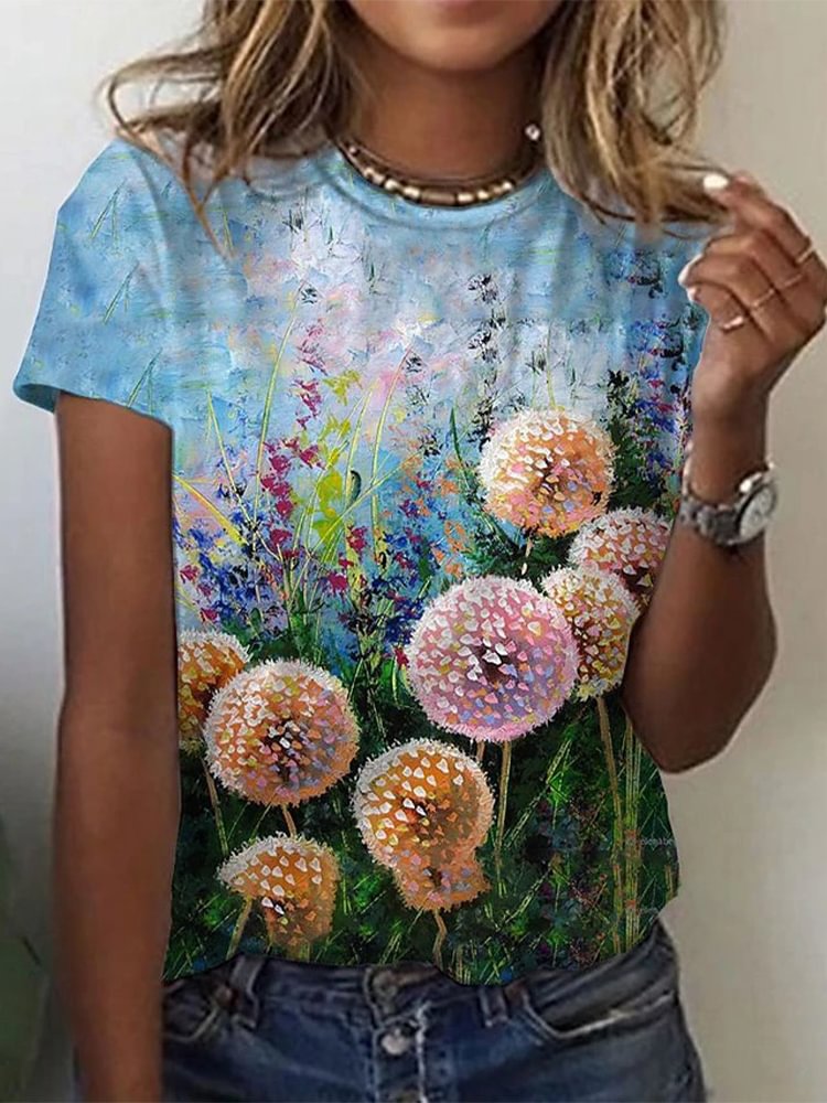 Round Neck Printed Short Sleeve Loose T Shirt P181001646