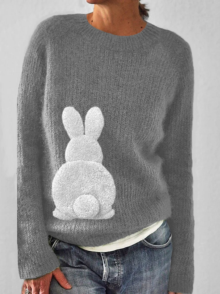 VChics Fluffy Bunny Pattern Cozy Knit Sweater
