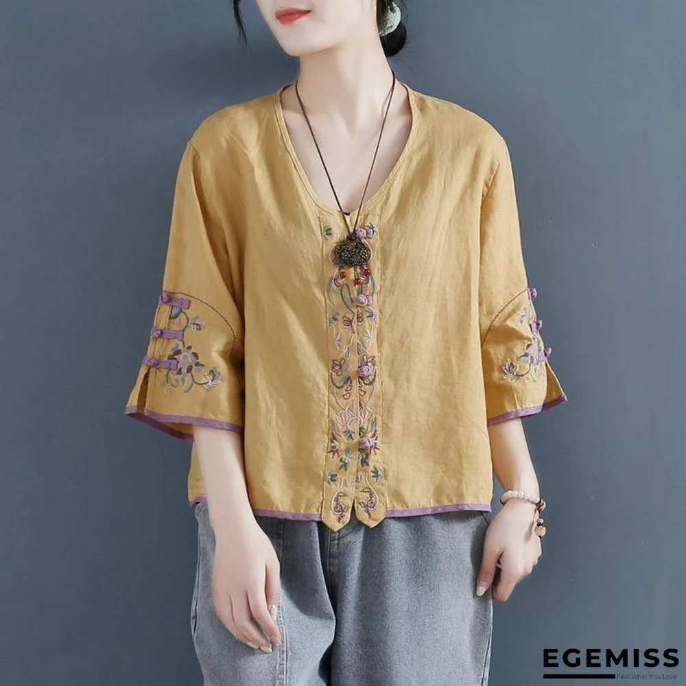 Yellow Floral Casual Cotton-Blend Shirts & Tops Linen | EGEMISS