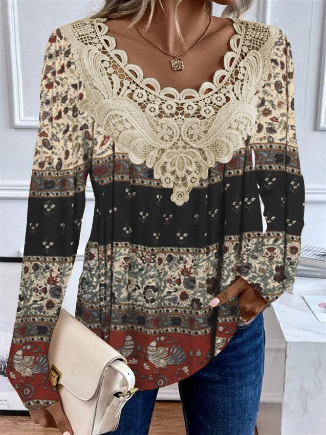 Women's Long Sleeve Scoop Neck Lace Stitching Colorblock Graphic Printed Top