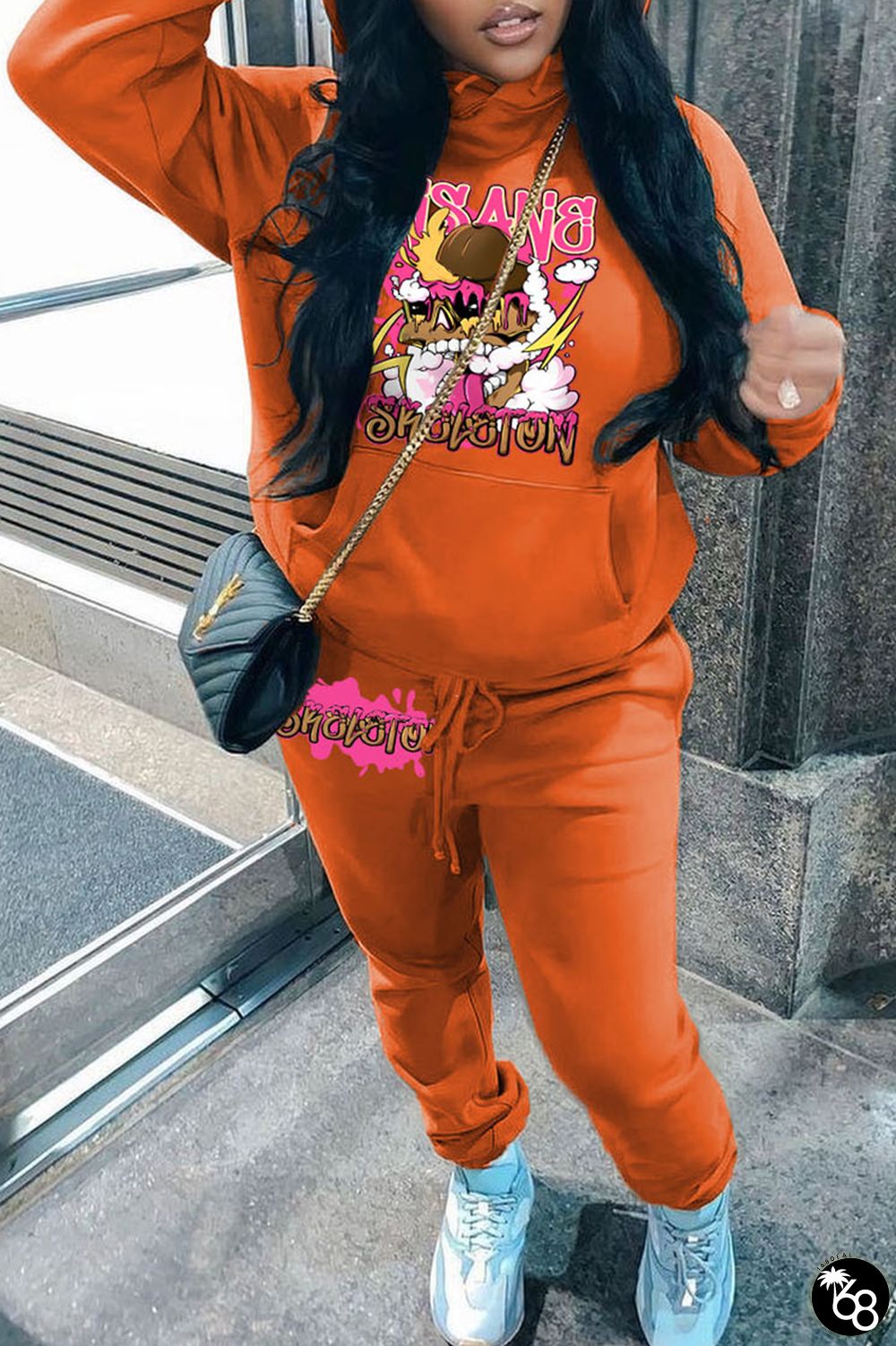 Orange Street Print Patchwork Draw String Hooded Collar Plus Size Two Pieces | 168DEAL