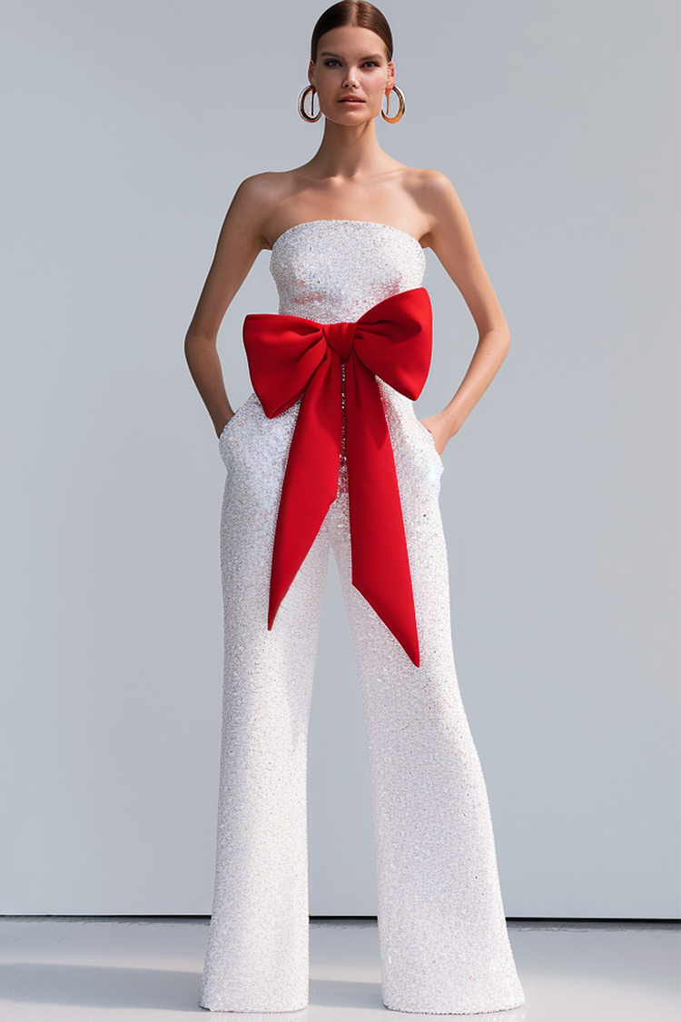 Strapless Bow Wide Leg Jumpsuits-White [Pre-Order]