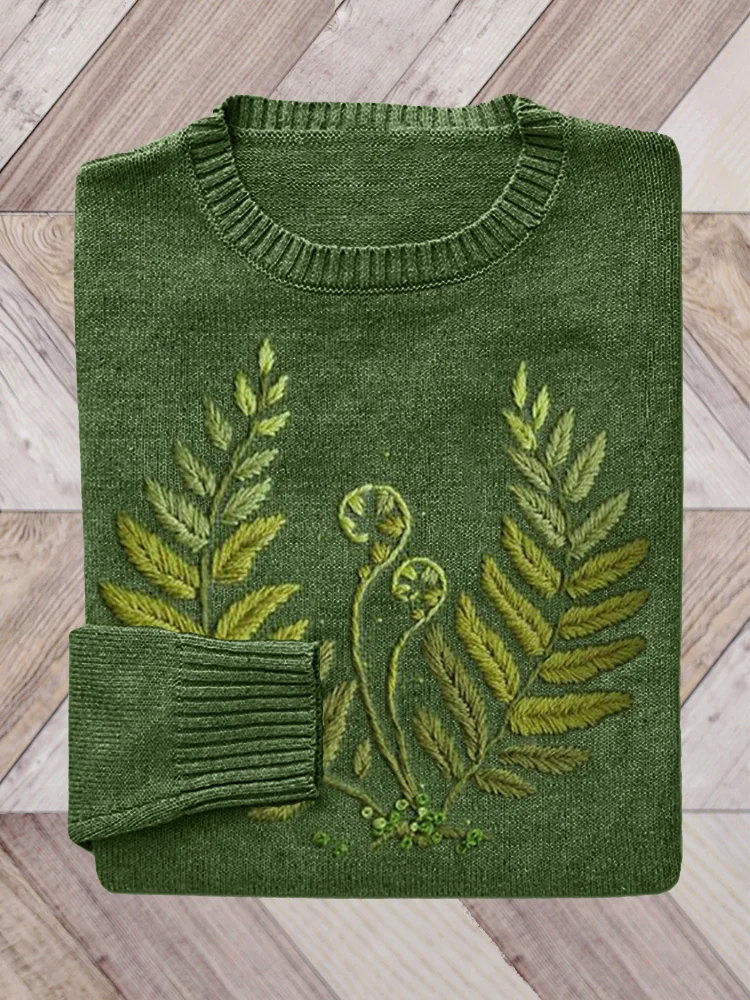 VChics Forest Fern Embroidery Art Knit Sweater
