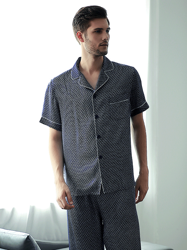 Short Sleeves Classic Plaid Silk Pajamas Set For Men