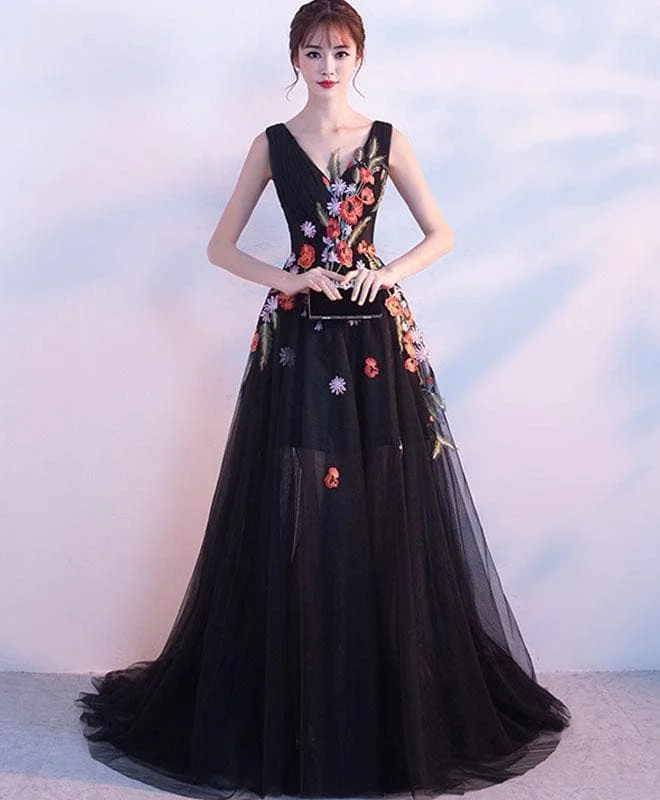 Black V Neck Tulle Long Prom Dress, Black Evening Dress