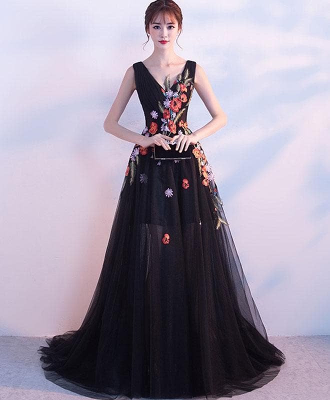 Black V Neck Tulle Long Prom Dress, Black Evening Dress