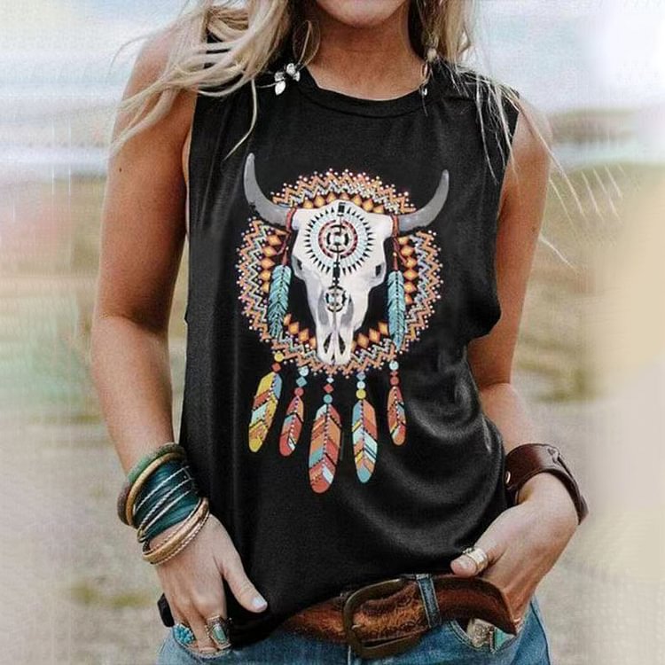 Vintage Print Sleeveless Tank Top