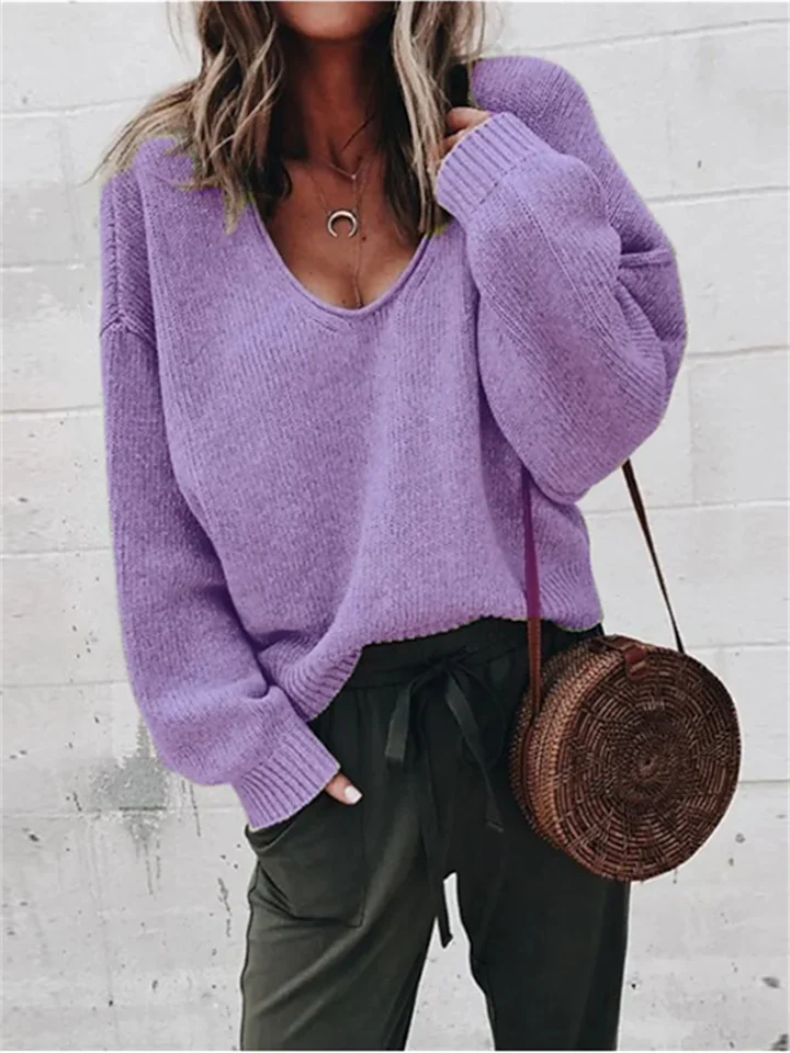 Women's Pullover Sweater Jumper Knitted Solid Color Stylish Basic Casual Long Sleeve Regular Fit Sweater Cardigans V Neck Fall Winter Purple Yellow Gray / Holiday