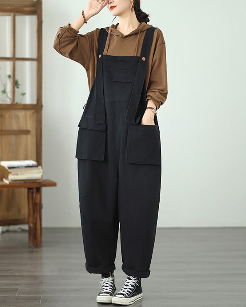 Multiple Pockets Sleeveless Wide Shoulder Strap Jumpsuit