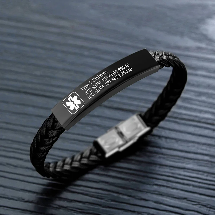 Personalized Medical Alert Bracelet ID Wristbands Custom Texts Leather Bracelet Gifts for Men