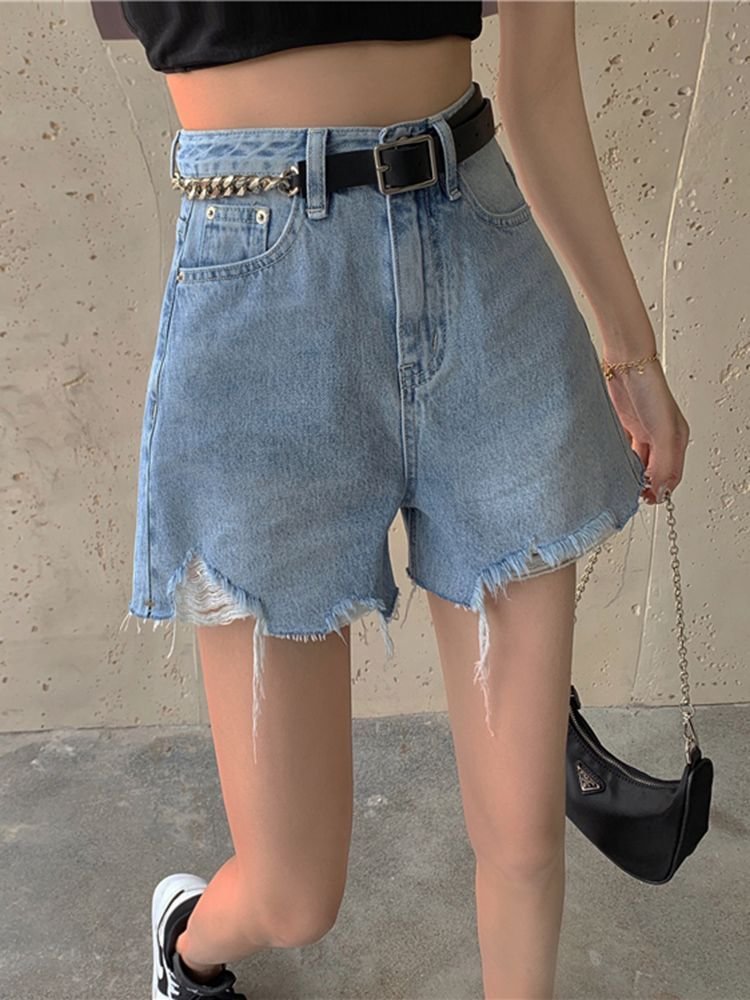 Distressed High Waist Denim Wide Leg Shorts YP2073