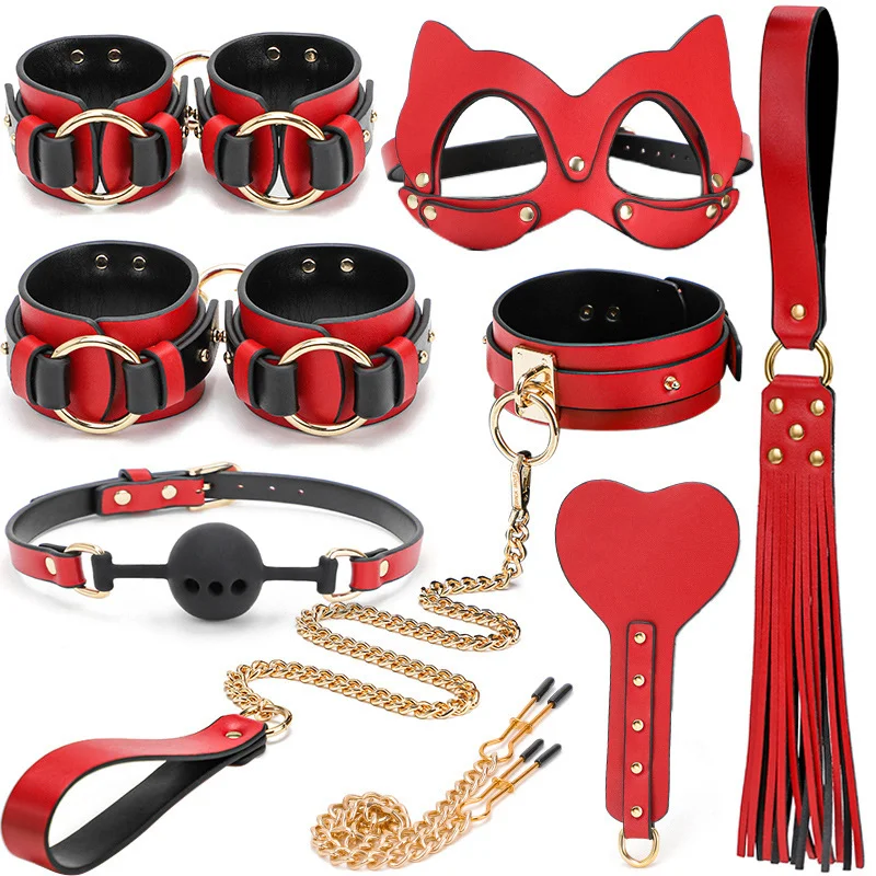 Luxury Portable 8 Pieces Leather Bondage Set Of Fun Tools Training Handcuffs Binding Adult Toy