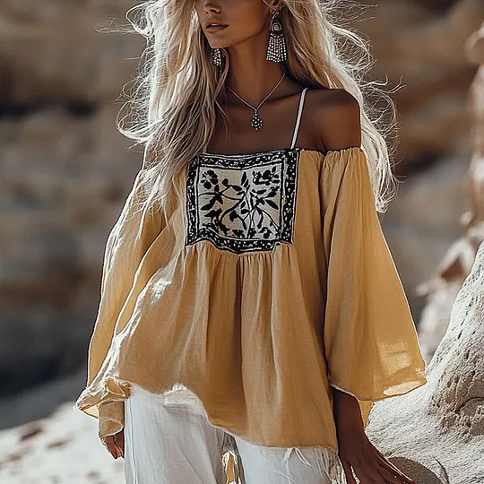 Bohemian Off-Shoulder Floral Embroidered Top for Women