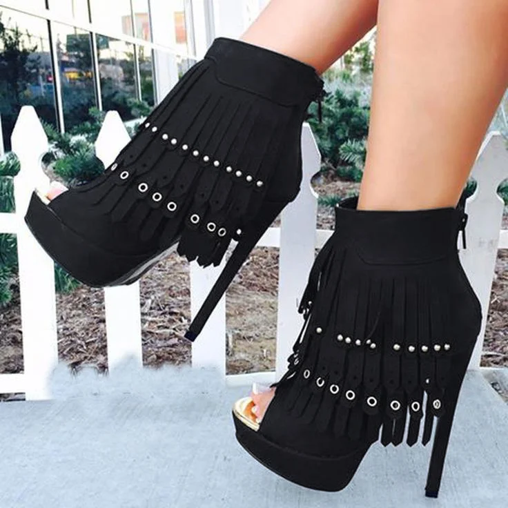 Black Fringe Booties Peep Toe Stiletto Heel Platform Ankle Boots |FSJ Shoes