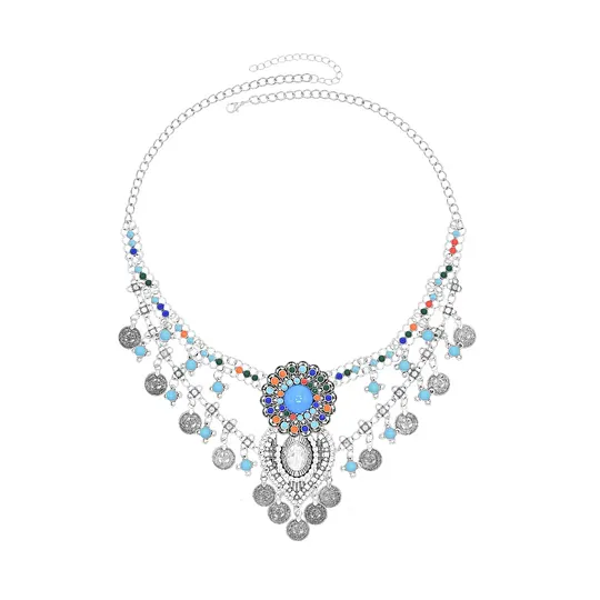 New ethnic style inlaid rhinestone turquoise necklace bohemian double-layer coin tassel sweater chain ancient style necklace