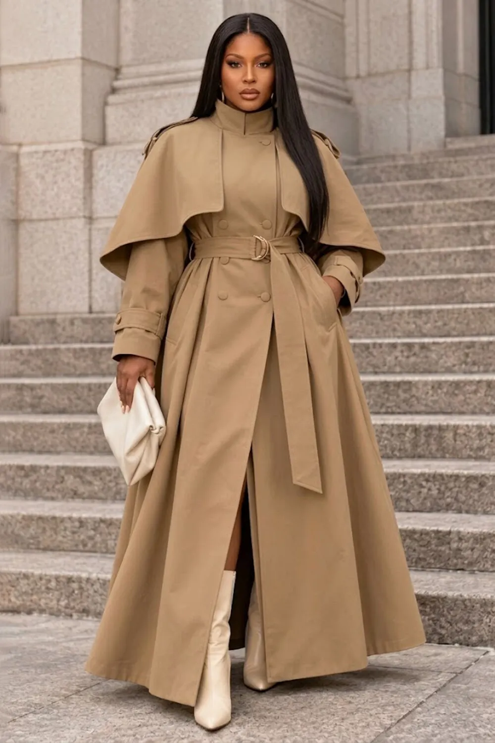 Stand Collar Double Breasted Cape Casual Maxi Trench Coat-Khaki