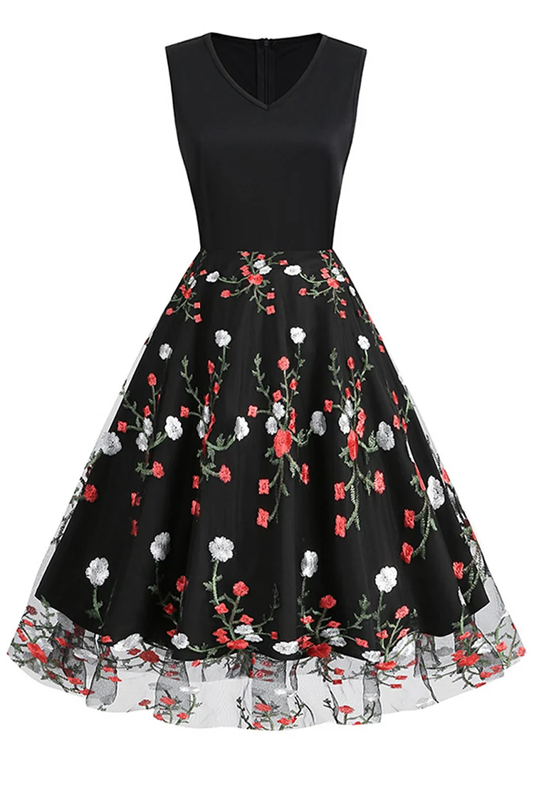 1950s Black Party Patchwork Mesh Flower Embroidery Sleeveless A-line Swing Midi Dress
