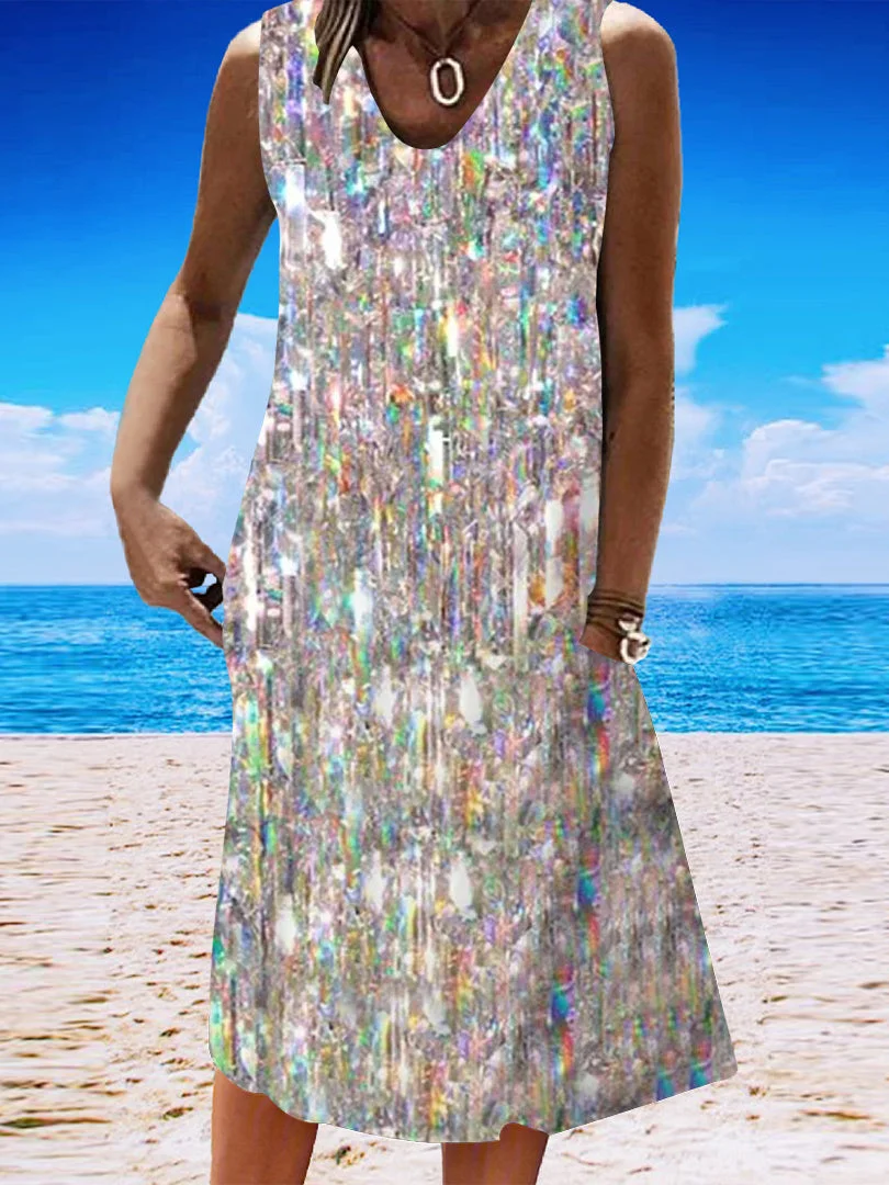 Women's Colorful V-Neck Sleeveless Graphic Midi Dress