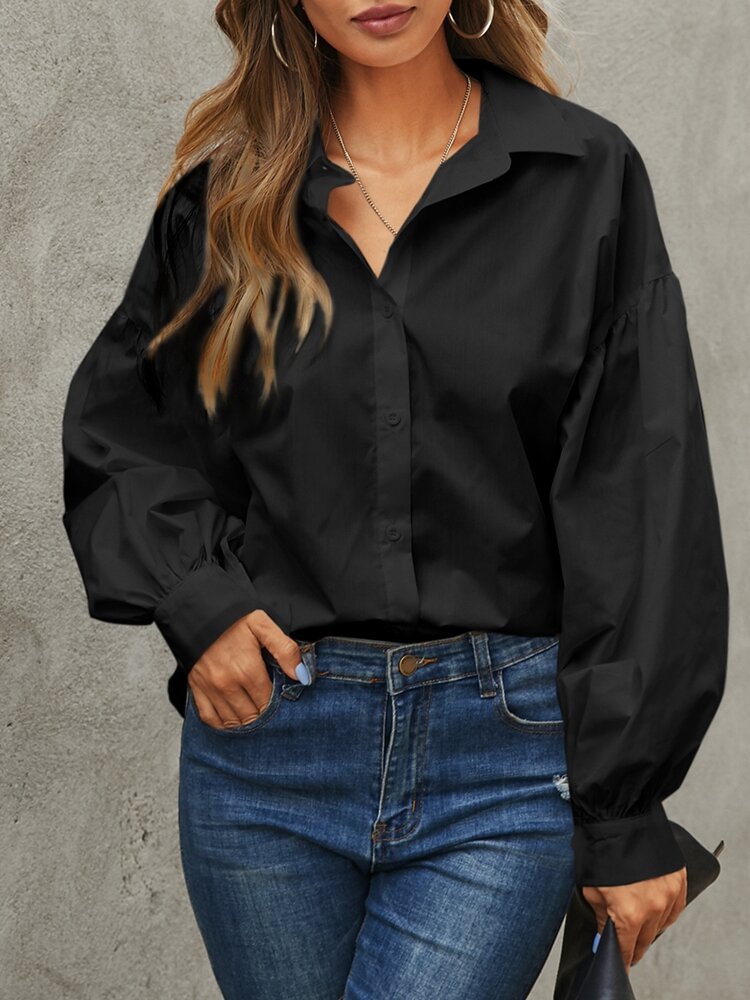 Women Solid Color Lantern Long Sleeve Button Casual Blouse P1758491