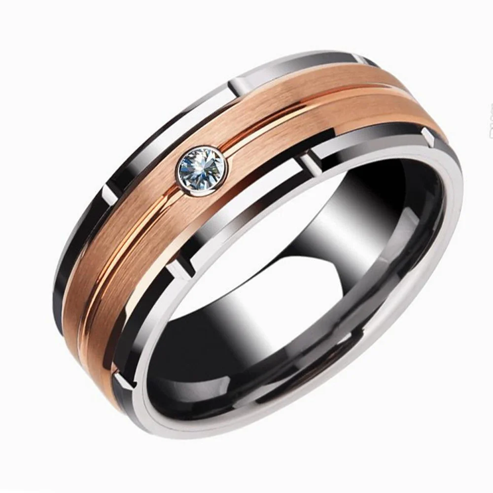 Women Men Silver Tungsten Carbide Wedding Band Rings with Rose Gold Grooved and CZ Stone Inlay Gift Idea