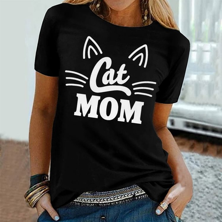 Vefave Cat Mom Printed Short Sleeve T-Shirt