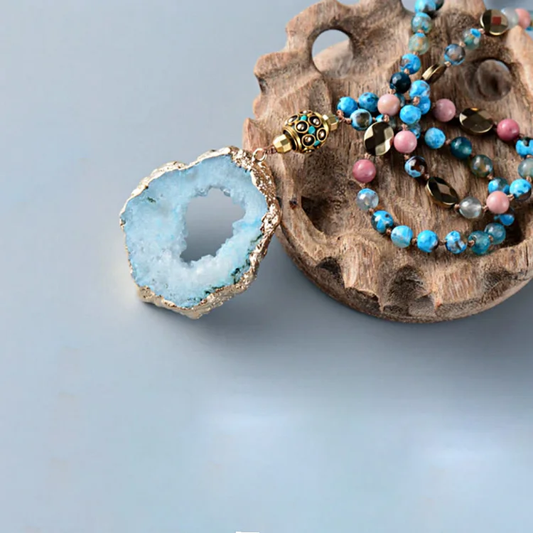 Natural Aquamarine Lepidolite Crystal Mala Bead Necklace