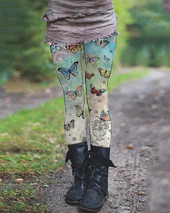 Retro butterfly print casual stretch pants