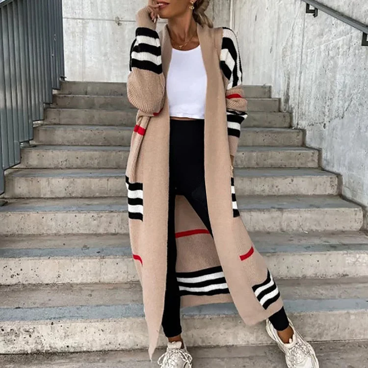 Women's Casual Striped Knitted Ankle Length Cardigan Coat