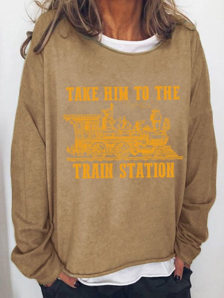 VChics Western Train Station Print Loose Casual Sweatshirt
