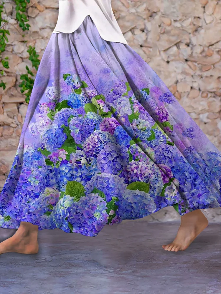Women's Care for Alzheimer's Disease Purple Floral Stitching Casual Loose Skirt socialshop
