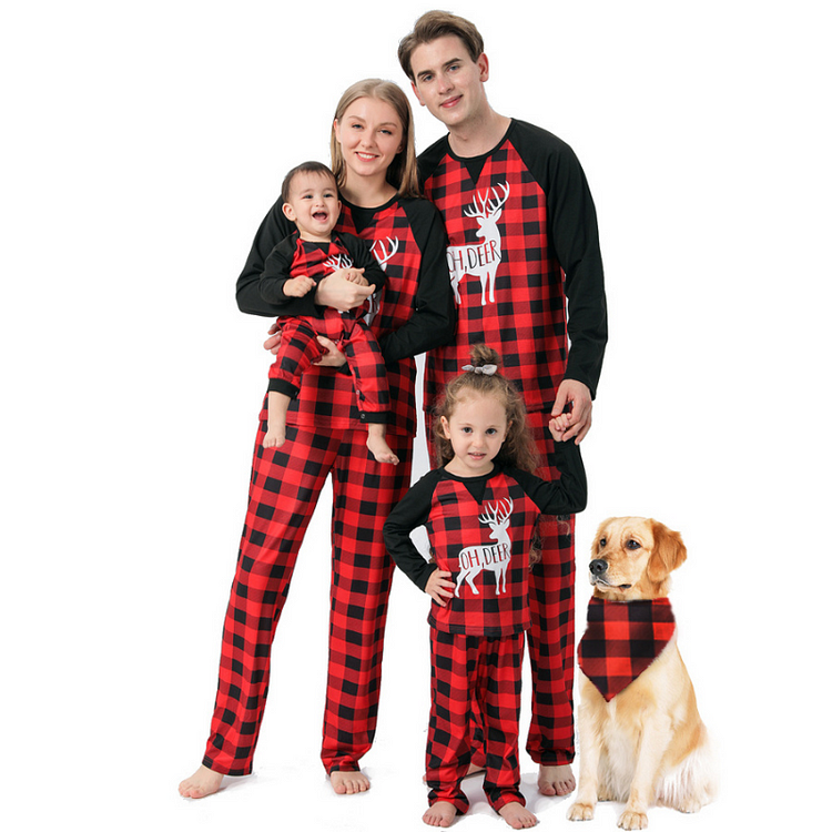Christmas Red Checked Printed 'OH Deer' Round Collar Suit  (with Pet Dog Clothes)