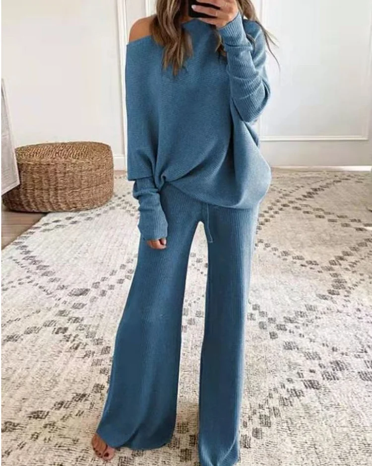Plus Size  off-Shoulder Women's Knitted Blouse Pants Length Two-Piece Suit VangoghDress