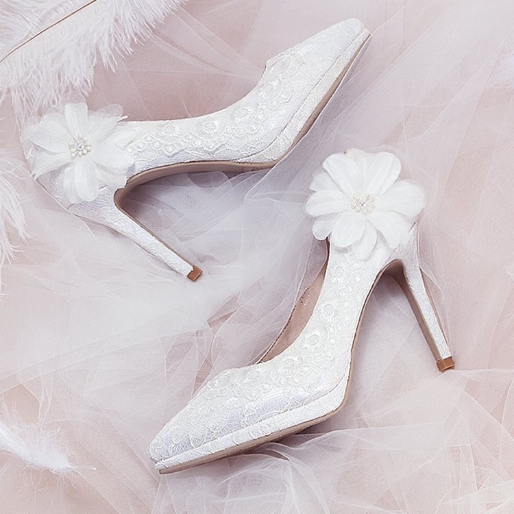 White Flower Pearl Lace Platform Stiletto Heel Bridal Shoes |FSJ Shoes