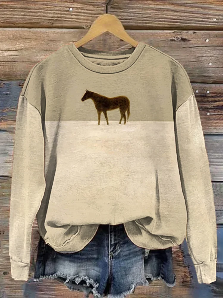 Comstylish Horse Oil Painting Art Print Casual Cotton Sweatshirt