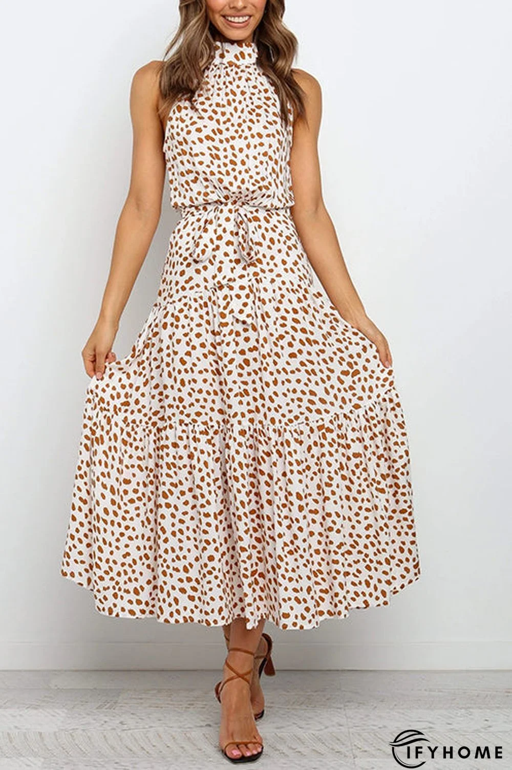 Print Belted Sleevelss Maxi Dress | IFYHOME