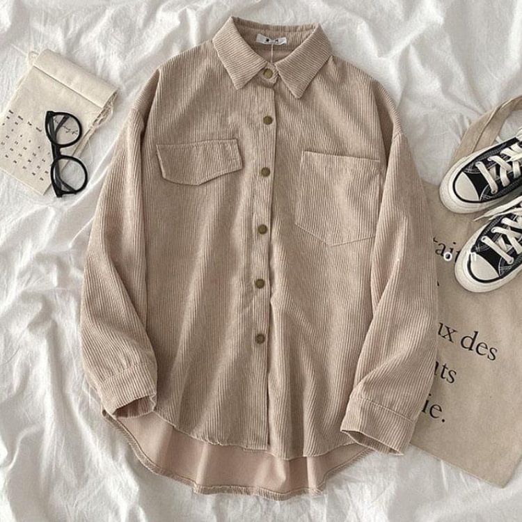 Harajuku Corduroy Women Shirt Jackets Autumn Long Sleeve Thin Coats Casual Vintage Pocket Female Button Up Overcoats 2021 - BlackFridayBuys