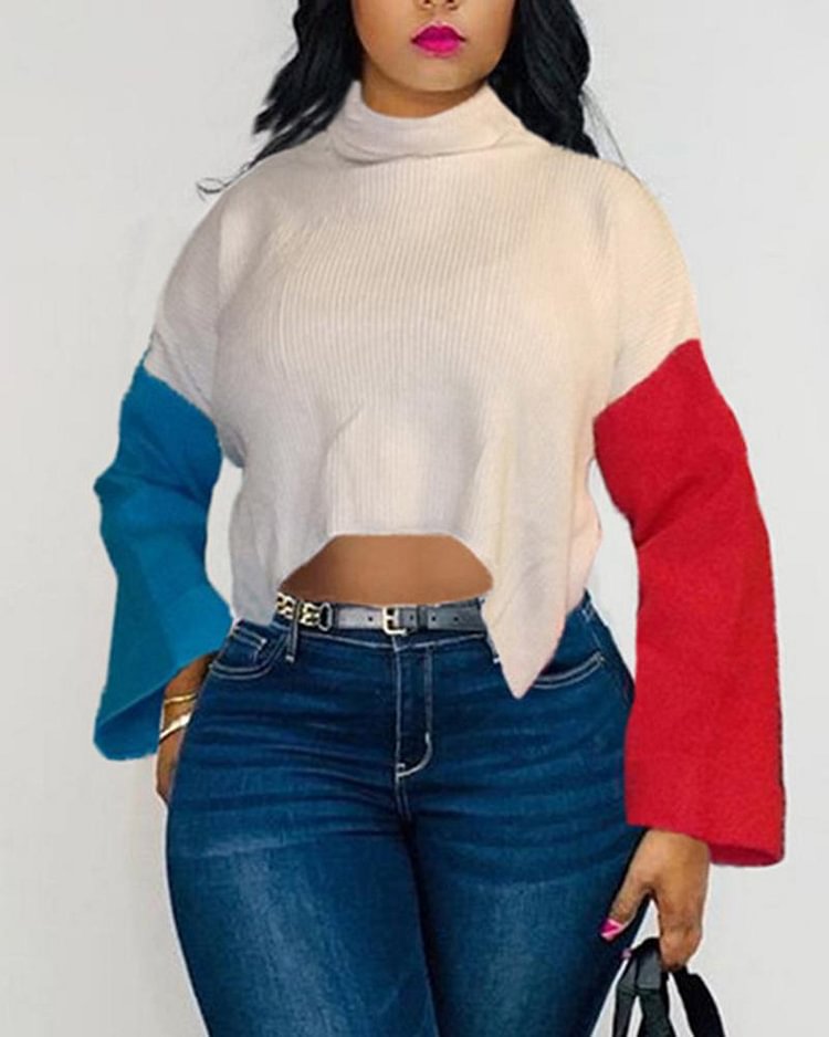 Colorblock Split Asymmetrical Hem High Neck Drop Shoulder Sweater - Shop Trendy Women's Clothing | LoverChic