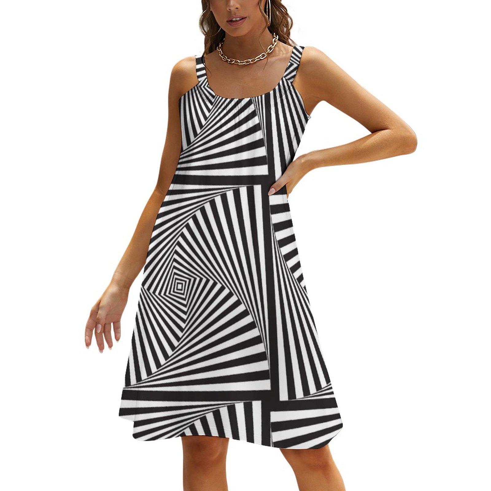 Beautiful Black White Spiral Optical Illusion Summer Hawaiian Beach Retro Dresses Casual Sling Sleeveless Printed Knee Length Dress Black & White-3XL