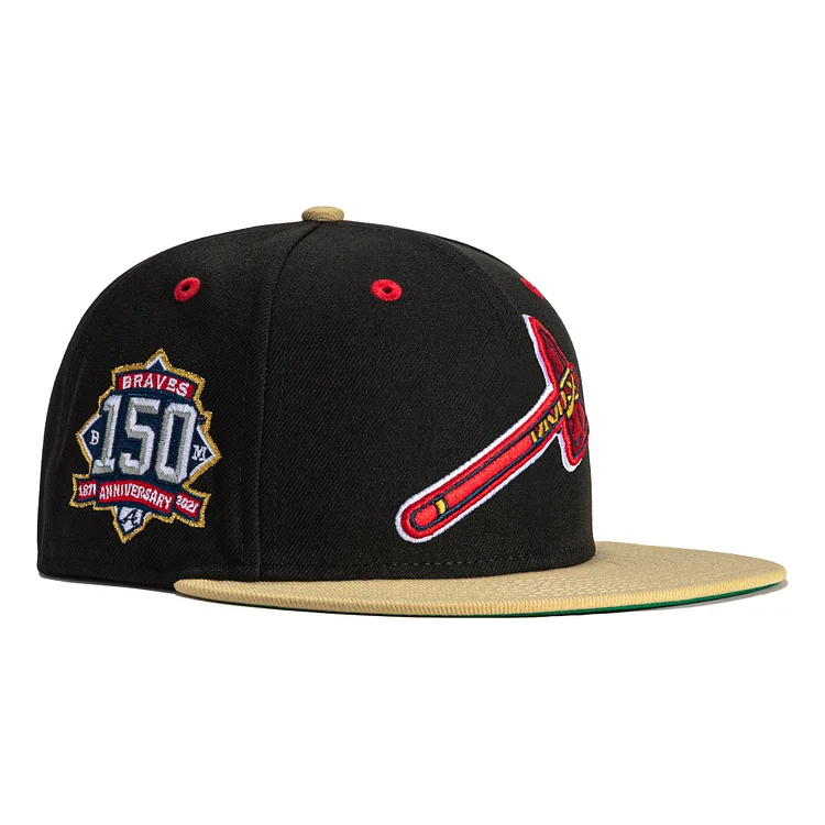 Exclusive New Era 59Fifty Big Easy Atlanta Braves 150th Anniversary BP Patch Hat- Black, Tan QueenFunky