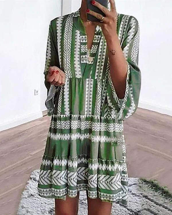 bohemian printed v neck 3 4 sleeve dresses p94513