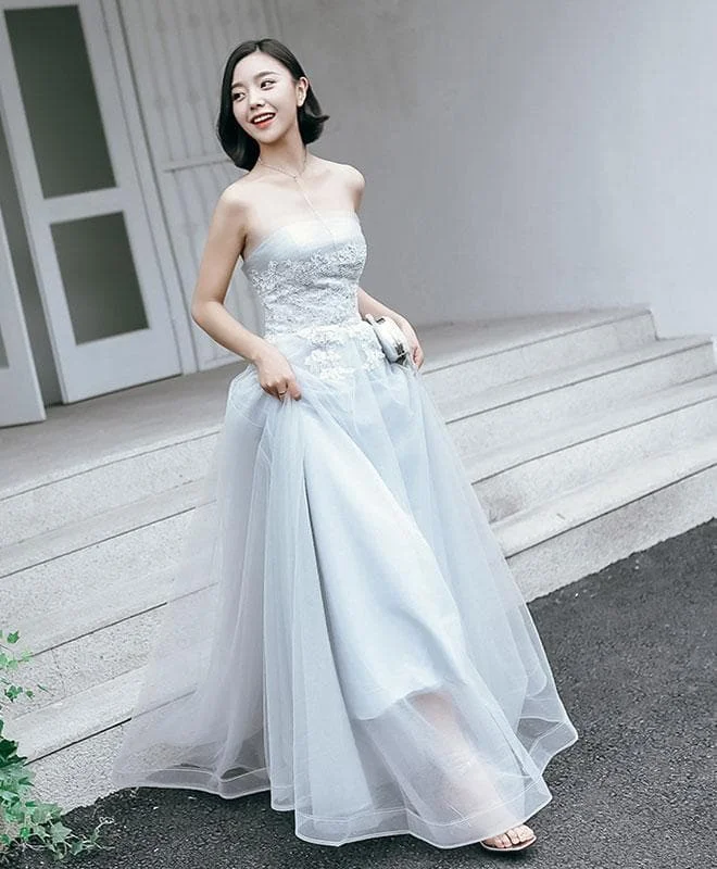 Gray Tulle Lace Long Prom Dress, Lace Evening Dress