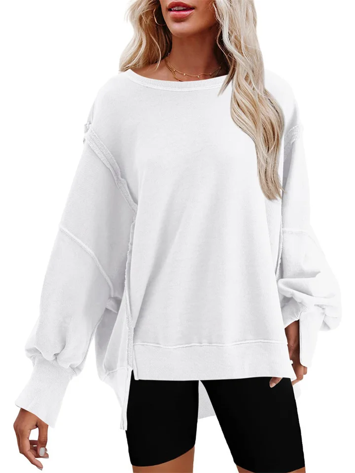 Women's Comfortable Fashion Casual Round Neck Long Sleeve Loose Terry Hem Irregular Pullover Top Sweatshirt-JRSEE