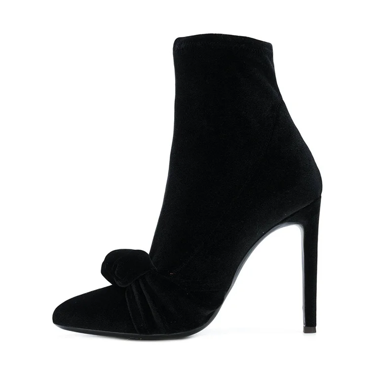 VDCOO Black Velvet Bow Ankle Booties Pointy Toe Stiletto Boots Vdcoo