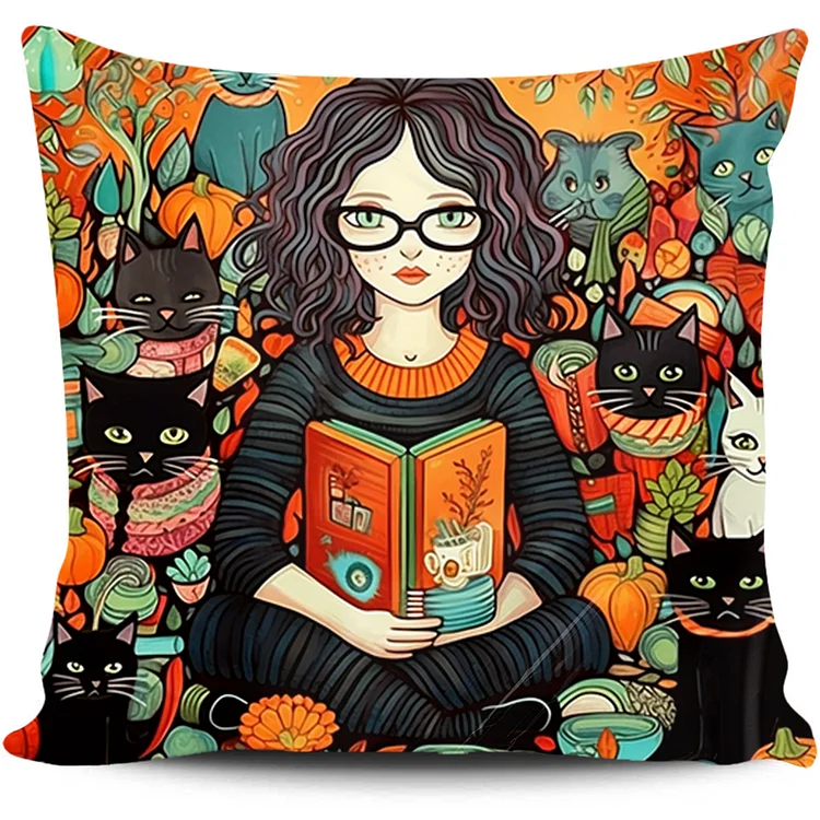 Cross Stitch Pillow - reading girl (45*45cm) gbfke