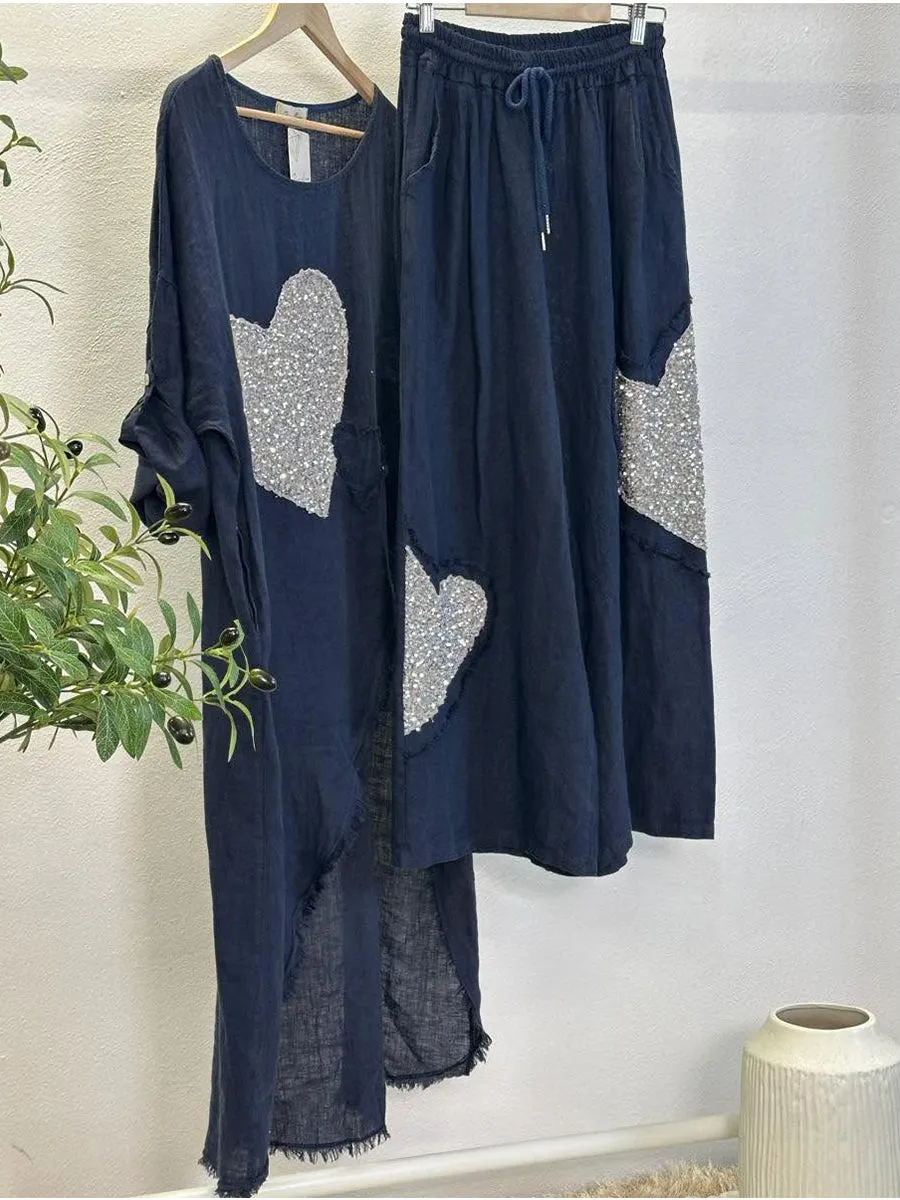 Women's Heart-patterned Printed Casual Cotton Linen Two-piece Set