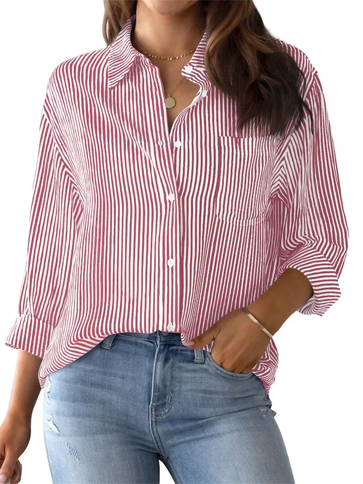 Ladies Temperament Commuter Sweet Fresh Pocket Loose Top Striped Classic Long Sleeve Work Shirt Blouse Cardigan