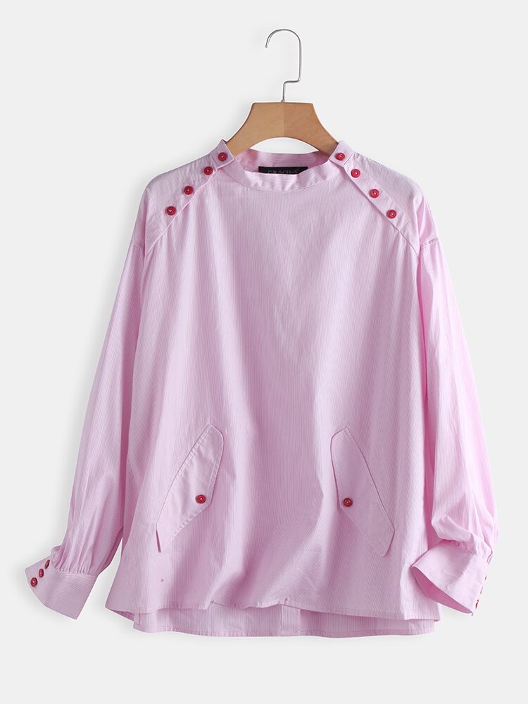 Side Button Stripe Long Sleeve Casual Blouse For Women P1626982